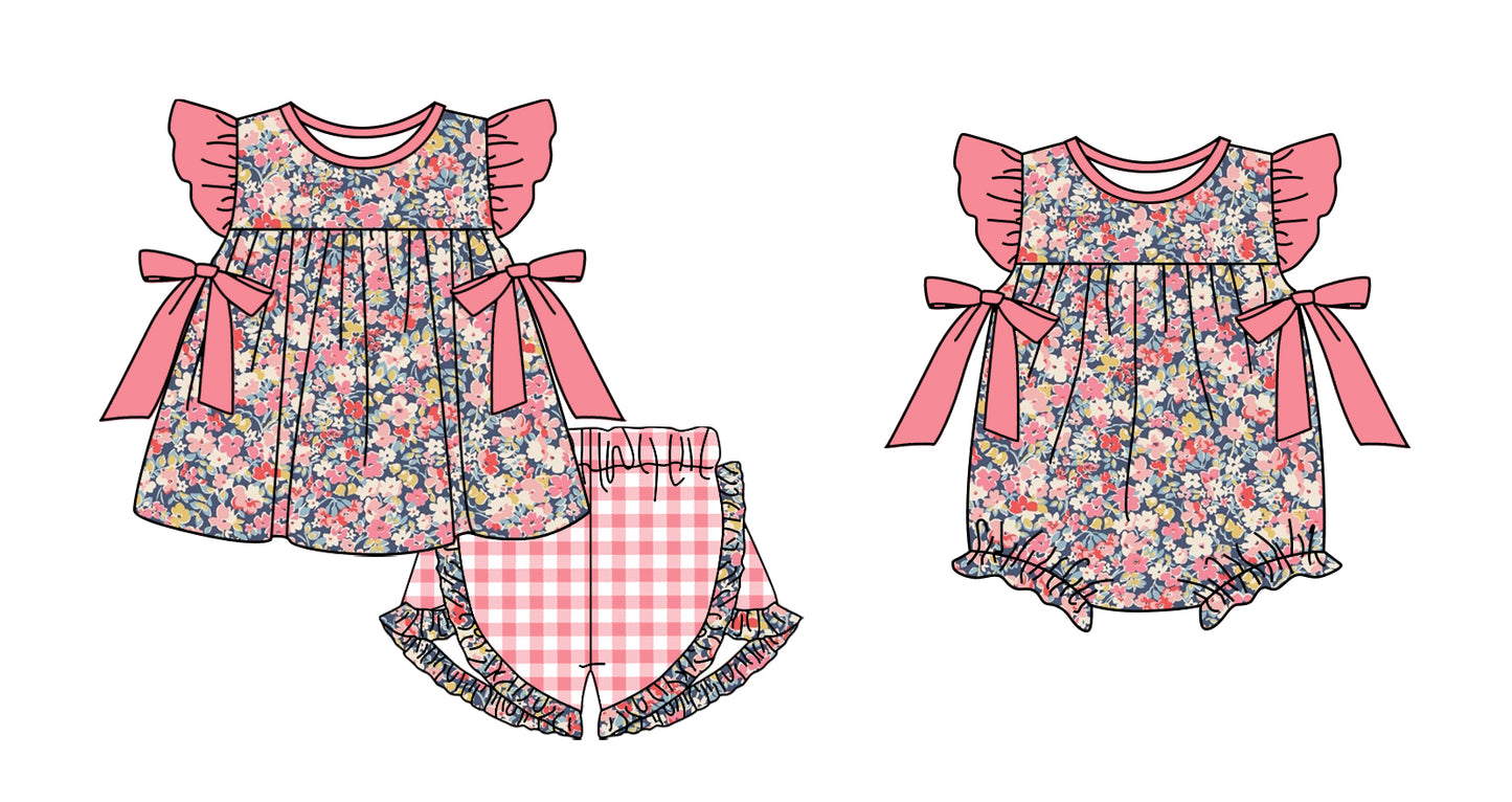 11.13 custom each style moq 5eta 4-6week Sibling Sister floral baby girl short sleeve shorts sets and rompers match design