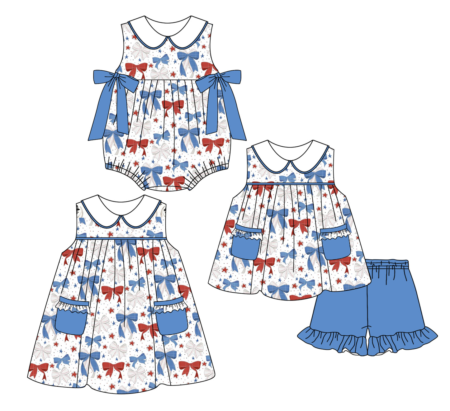 2.26 custom each style moq 5eta 4-6week Sibling Sisters bow baby girl short sleeve shorts sets and dress and rompers match family design