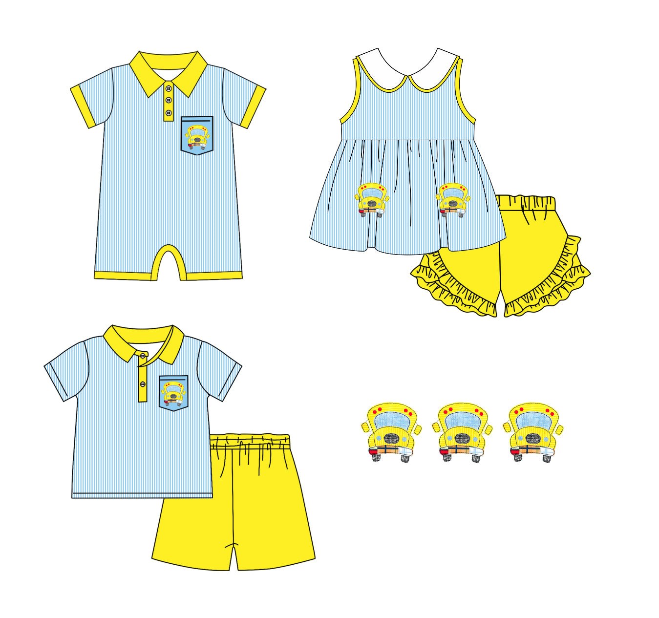 11.22 custom each style moq 5eta 4-6week Sibling Sister bus baby girl short sleeve shorts sets and sets 2 and girls romper match design