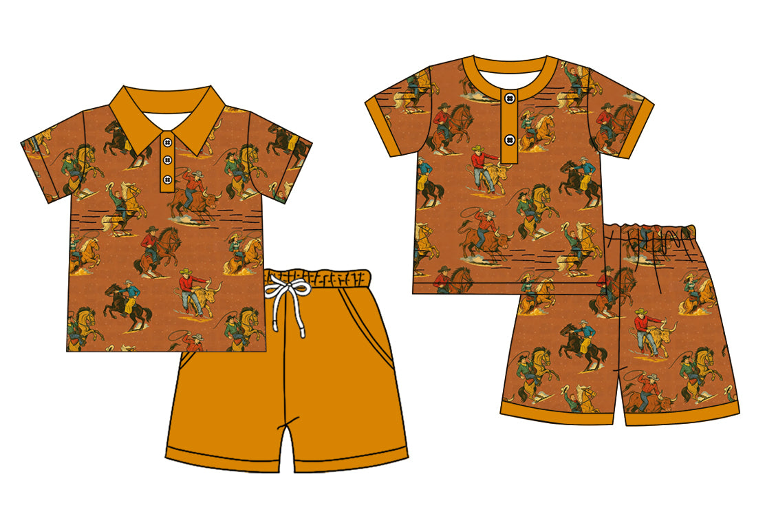 Custom moq 5 mix size Sibling Brown Short-Sleeved Baby Boys Pajama Set Polo Shirt And Shorts Outfit for Toddlers Comfortable Sleepwear for Infants