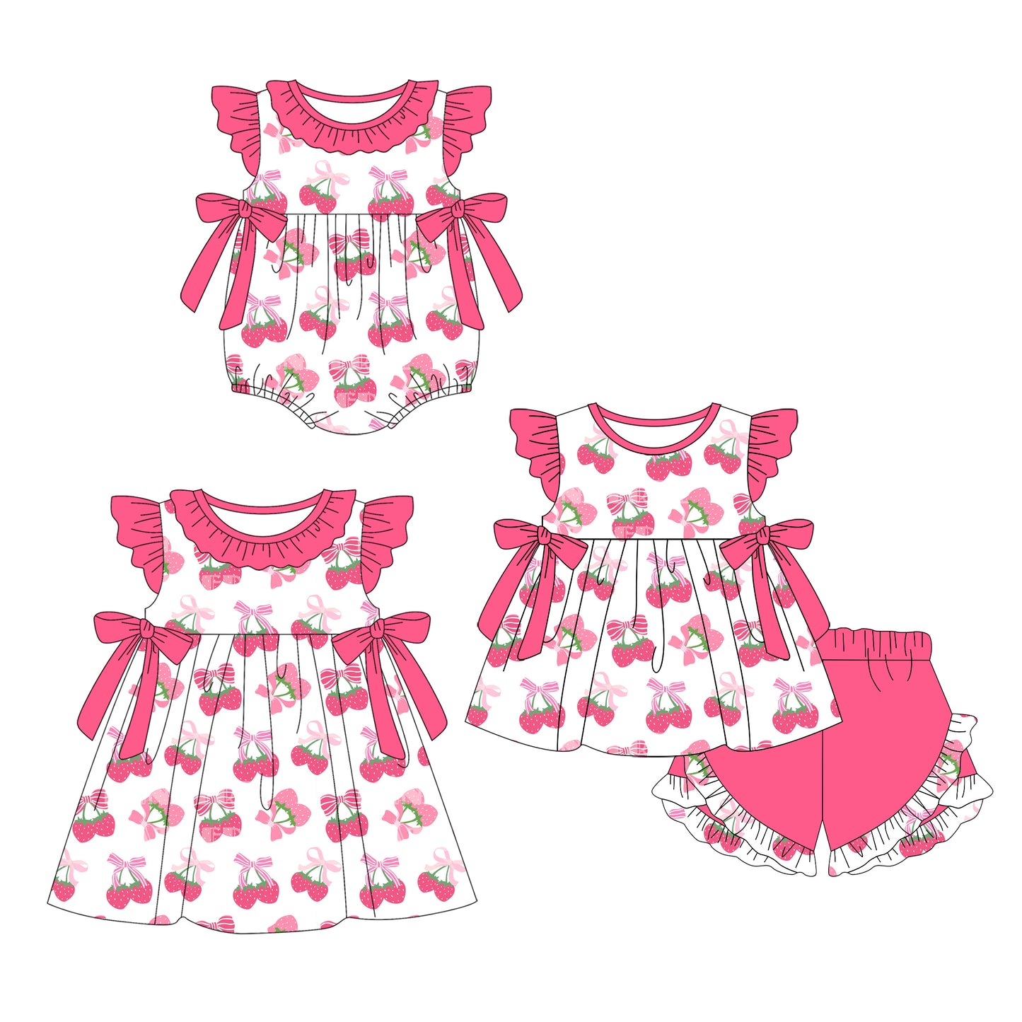 3.31 custom each style moq 5eta 4-6week Sibling Sisters strawberry bow baby girl short sleeve shorts sets and dress and rompers match family design