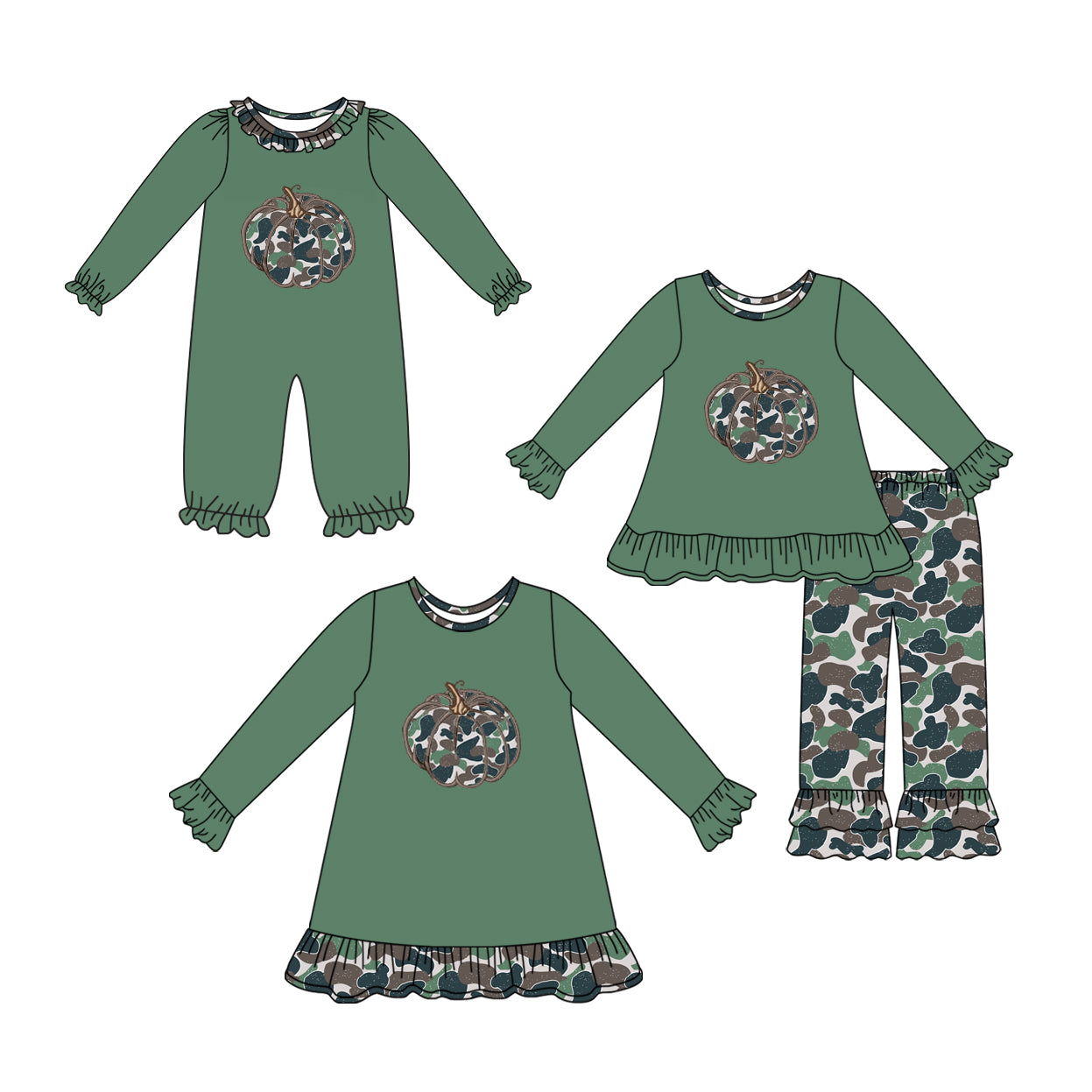 25.7.24 custom each style moq 5eta 4-6week Sibling Sisters pumpkin camouflage baby girl long sleeve pants sets and dress and rompers match family design