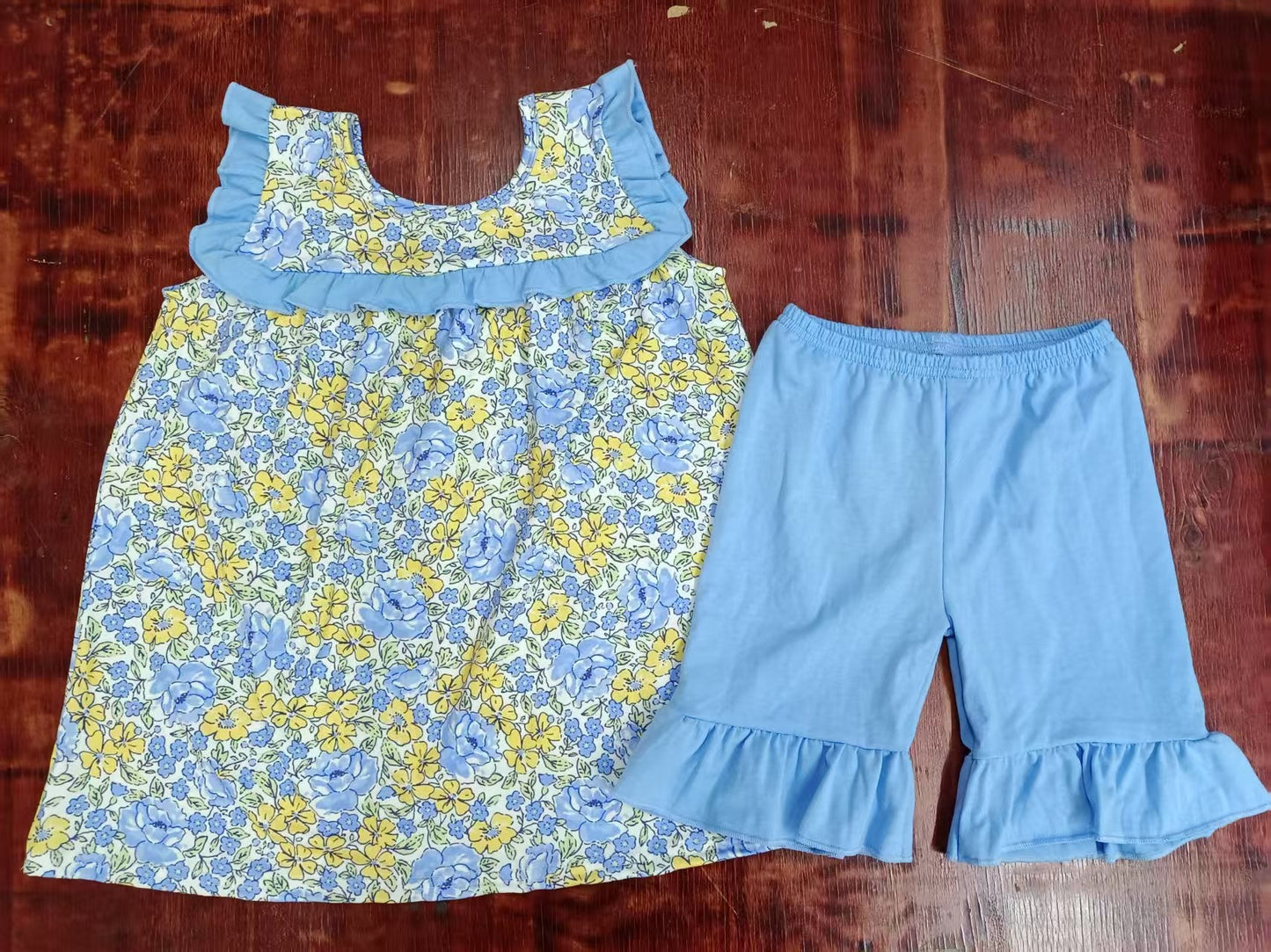 Custom moq 3 eta 6-7weeks baby girls clothes floral blue sleeveless shorts sets