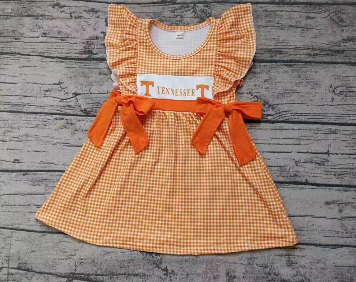 custom moq 3 eta 6-7weeks Orange Bow Decoration-Small Plaid Fly Sleeve Dress