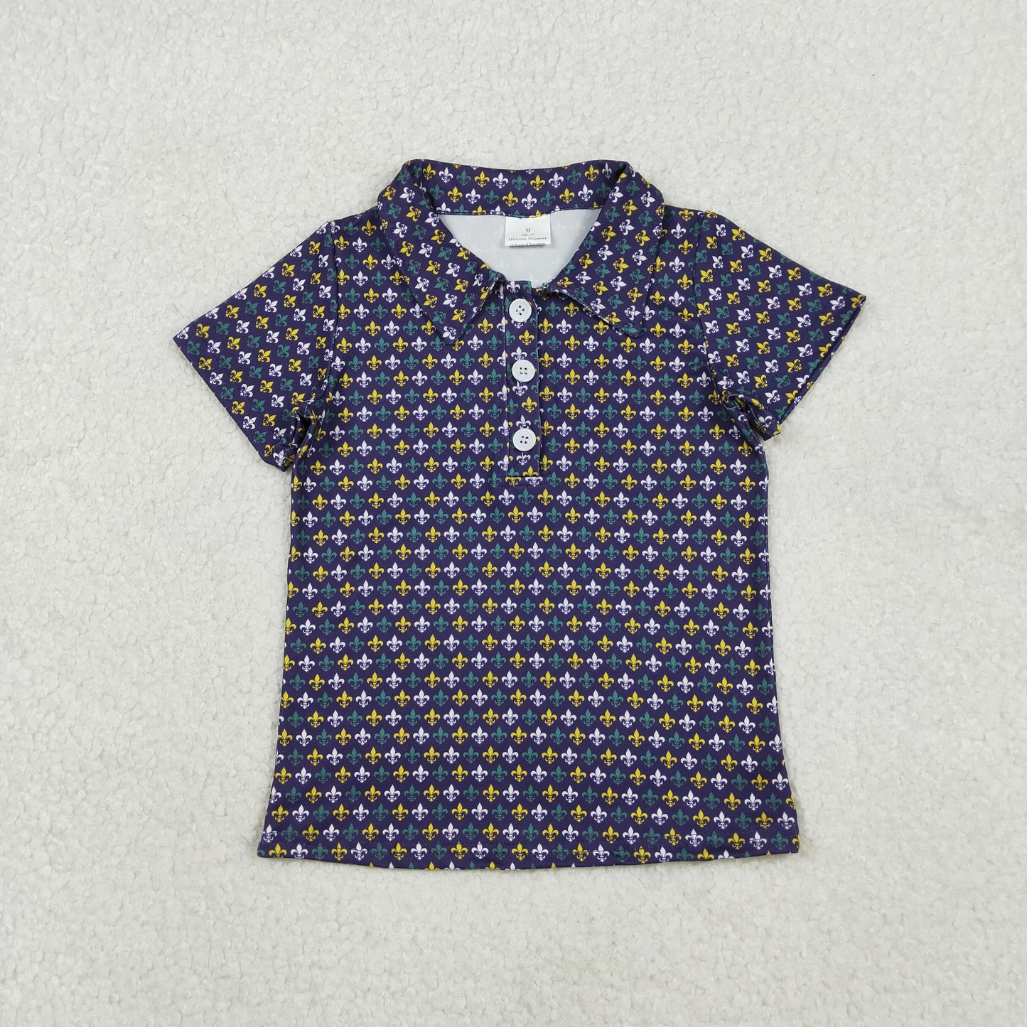 RTS NO MOQ(In Stock) BT1356 Carnival Pattern Purple Button Short-Sleeved Top