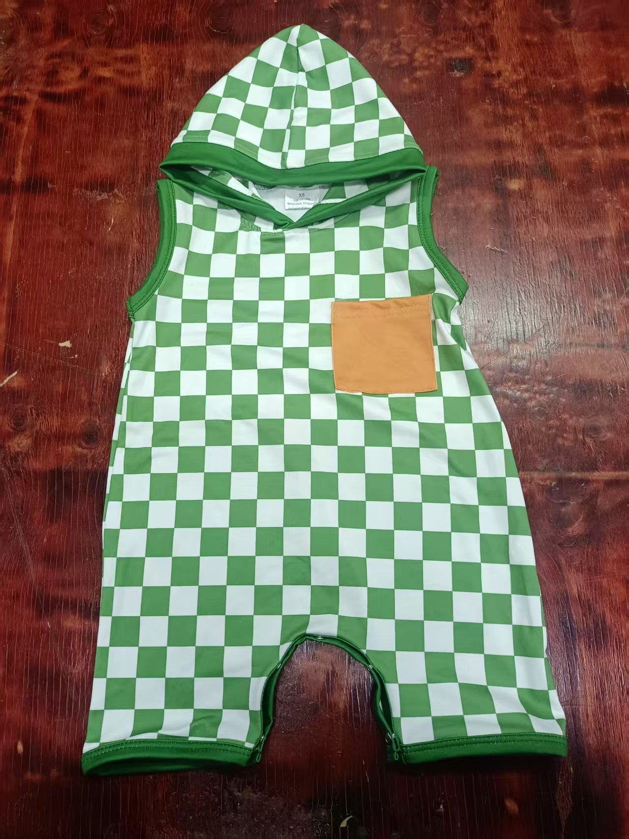 Custom moq 3 eta 6-7weeks baby boys clothes green plaid hooded sleeveless romper-25.4.30