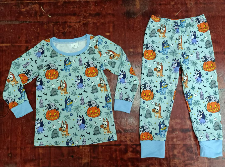 Custom moq 3 eta 6-7weeks Halloween Pumpkin-Puppy Spider Web Pattern-Lake Blue Long Sleeve Suit