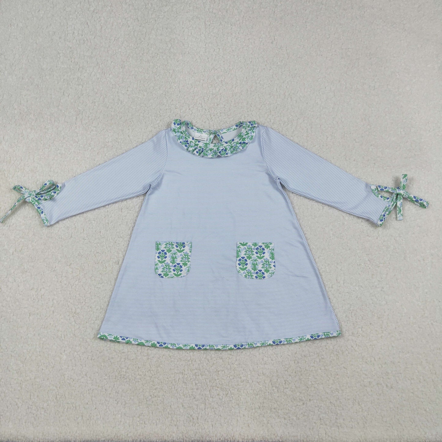 RTS NO MOQ(In Stock) GLD0927 Blue Striped Long-Sleeved Dress with Floral Pocket Lace