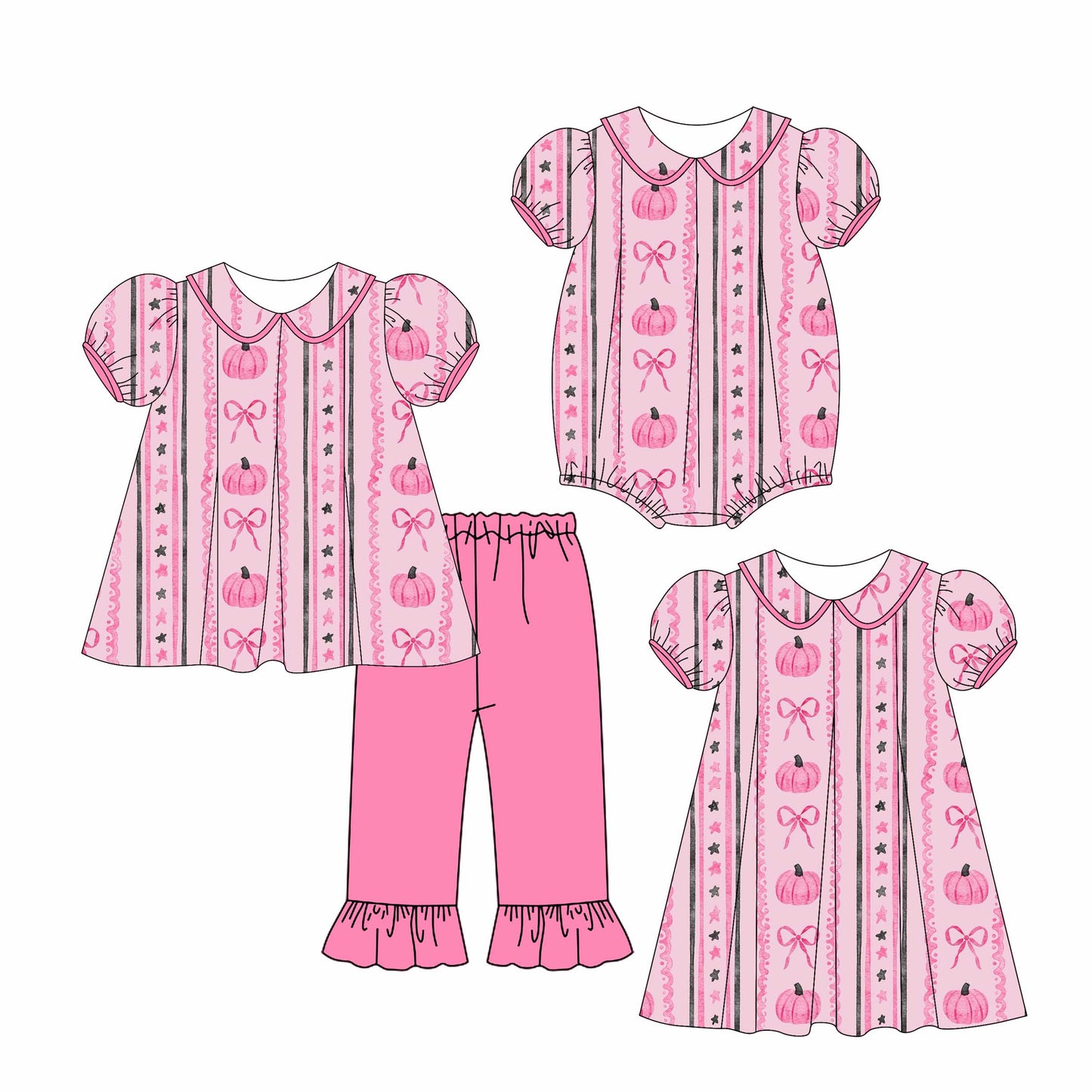 4.28 custom each style moq 5eta 4-6week Sibling Sisters bow pumpkin baby girl short sleeve pants sets and dress and romper match family design