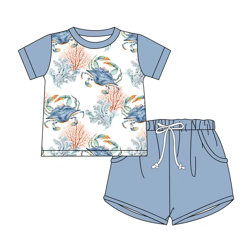 5.21custom each style moq 5eta 4-5week Sibling Sister Crab print gray boys outfits