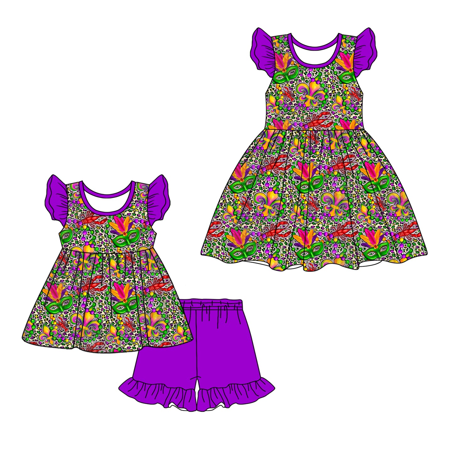 12.21 custom each style moq 5eta 4-6week Sibling Sister mardi gras baby girl short sleeve shorts sets and dresses match design