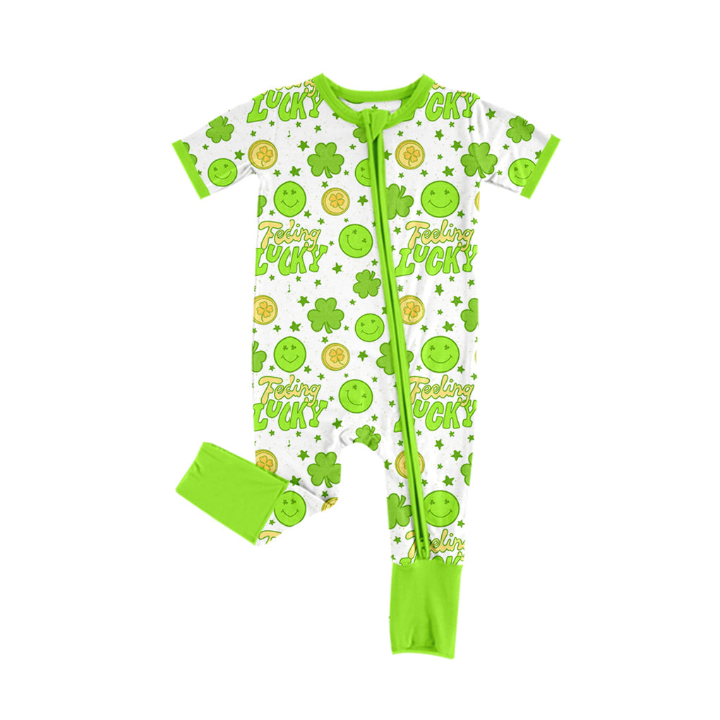 10.18 custom each style moq 5eta 4-6week Sibling Sister LUCKY Four Leaf Clover bright green baby girl sets and dress and rompers match family design