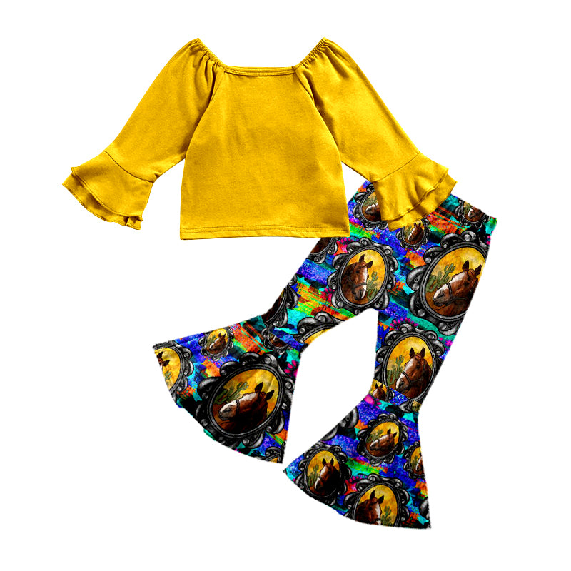 9.3 custom each style moq 5eta 4-6week baby girls clothes yellow long sleeve pants sets
