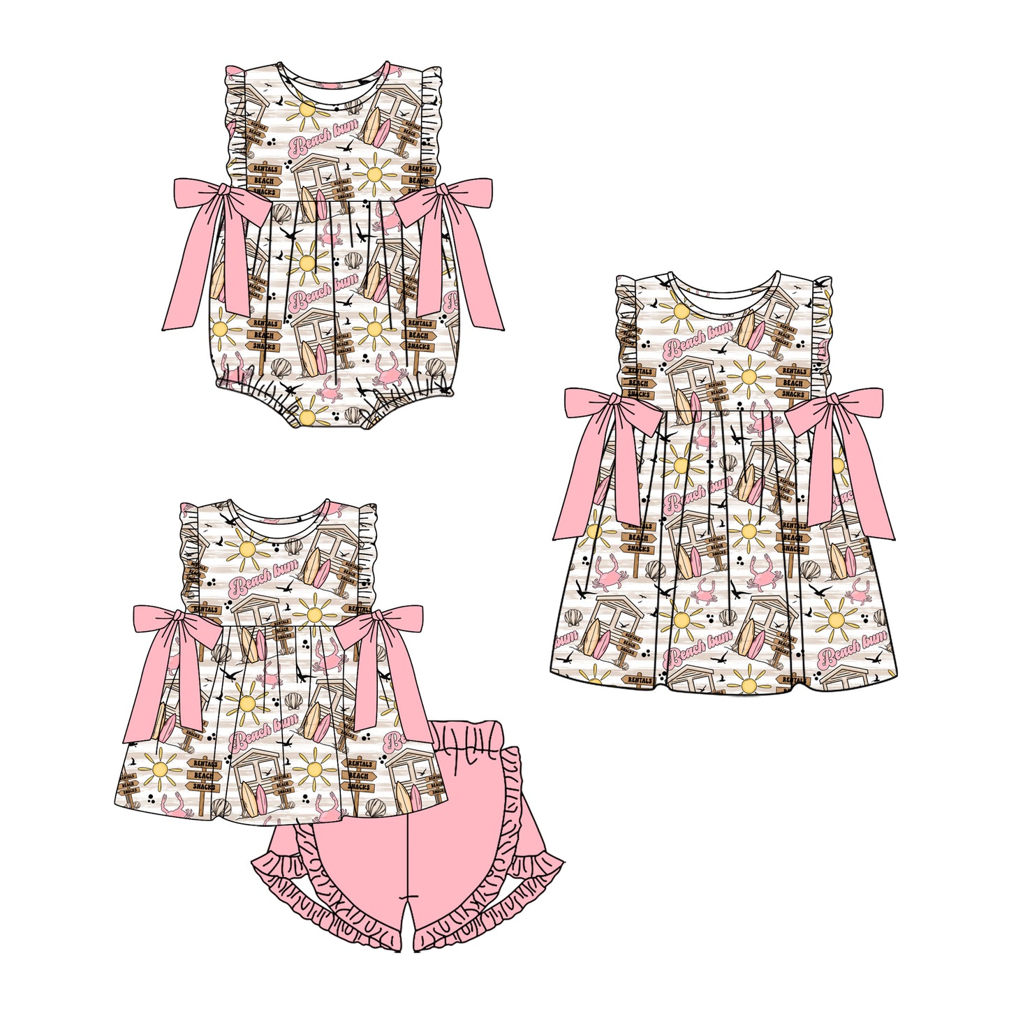 4.8 custom each style moq 5eta 4-6week Sibling Sisters Beach baby girl short sleeve shorts sets and dress and rompers match family design