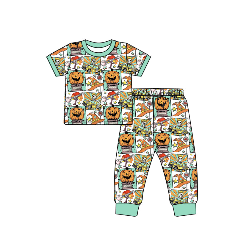 5.1(1)custom each style moq 5eta 4-5week Sibling Sister Halloween pumpkin prints green girls and boys outfits and dress match family design