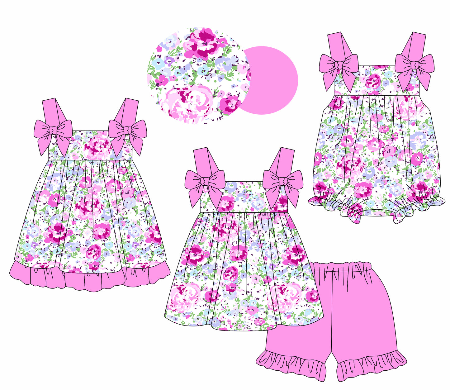 2.28 custom each style moq 5eta 4-6week Sibling Sister floral baby girl short sleeve shorts sets and dress and rompers match family design
