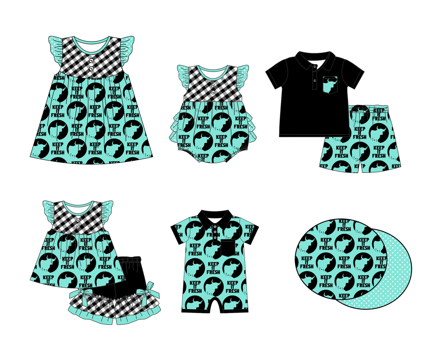 11.2 custom each style moq 5eta 4-6week Sibling Sister KEEP IT FRESH baby girl short sleeve shorts sets and briefs sets 2 and girls romper and boy romper and dress match design