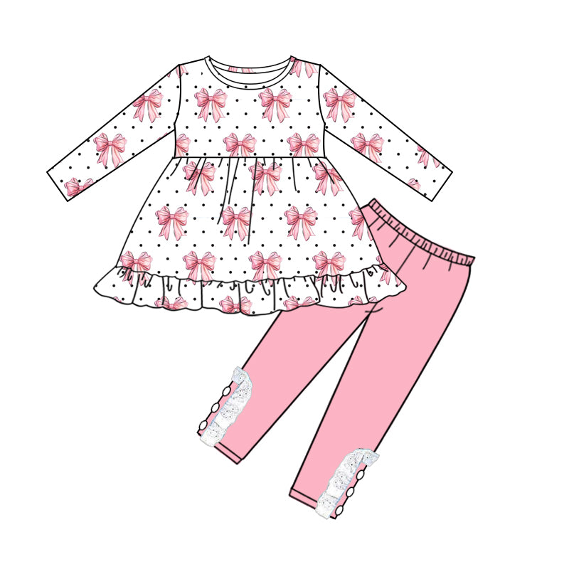 7.27 custom each style moq 5eta 4-6week baby girls clothes bow pink long sleeve pants sets