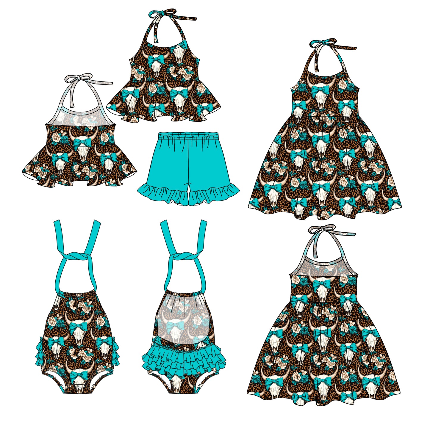 2.27 custom each style moq 5eta 4-6week Sibling Sister cow head baby girl short sleeve shorts sets and sets 2 and boy romper and dress match design