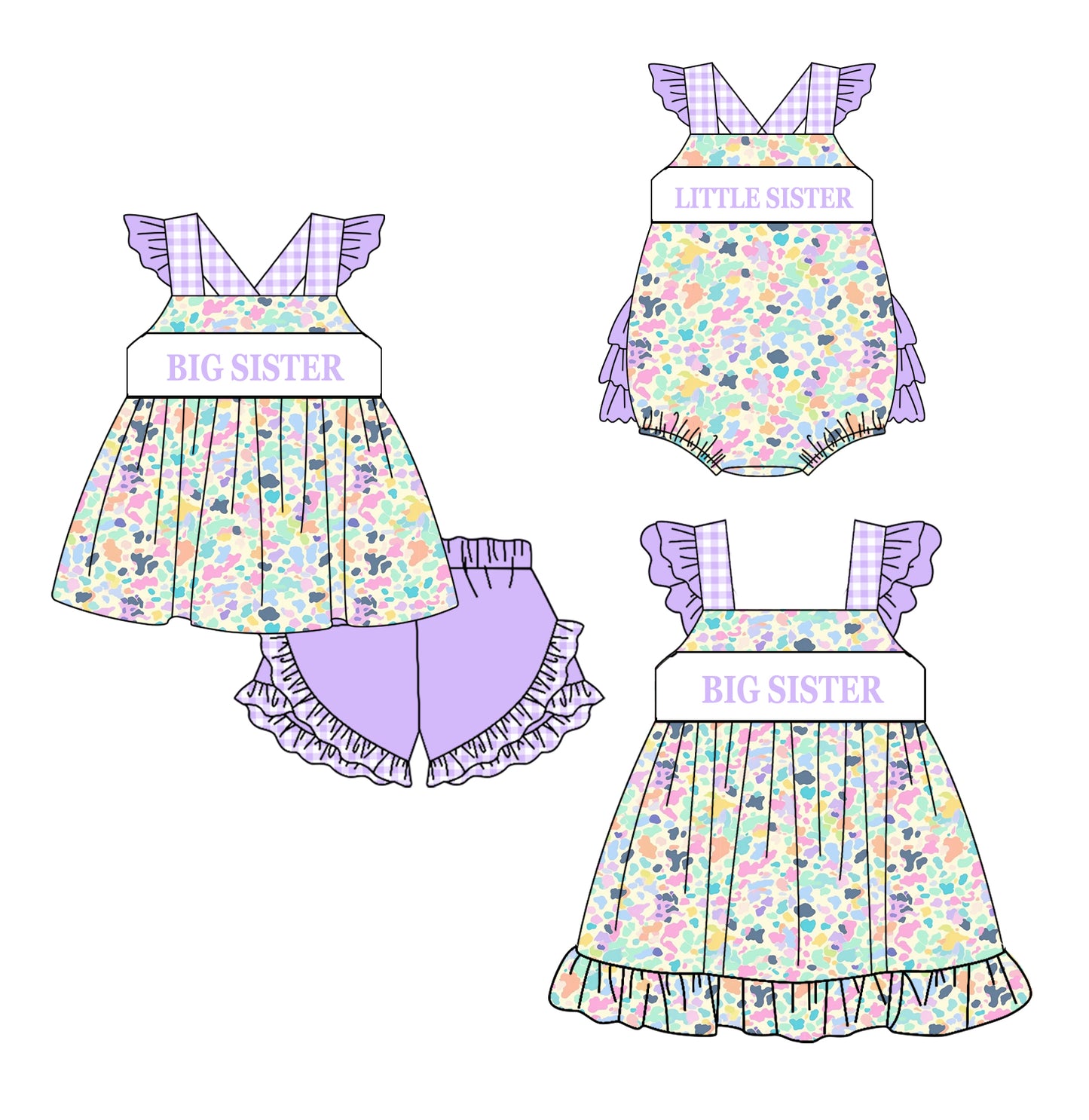 11.20 custom each style moq 5eta 4-6week Sibling Sister BIG SISTER floral baby girl short sleeve shorts sets and dress and rompers match family design