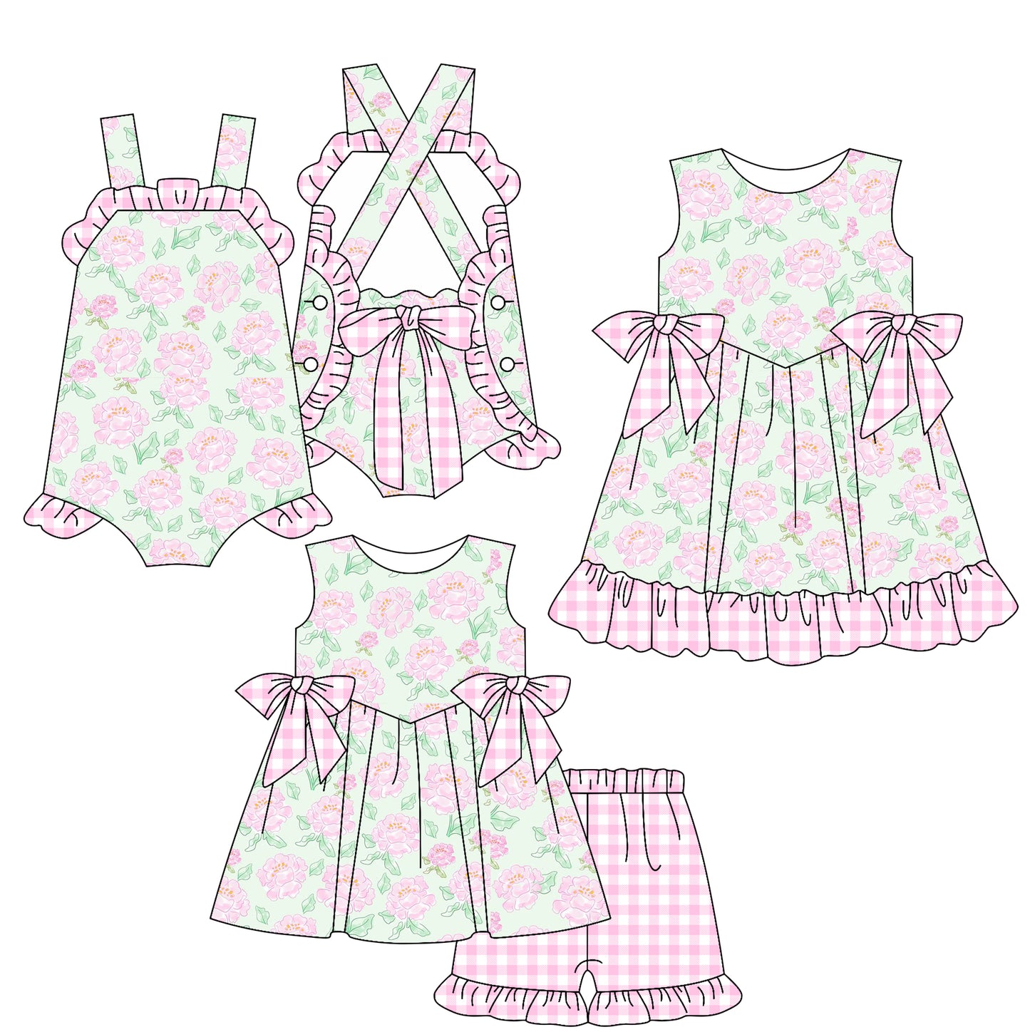 2.17 custom each style moq 5eta 4-6week Sibling Sisters floral baby girl short sleeve shorts sets and dress and rompers match family design