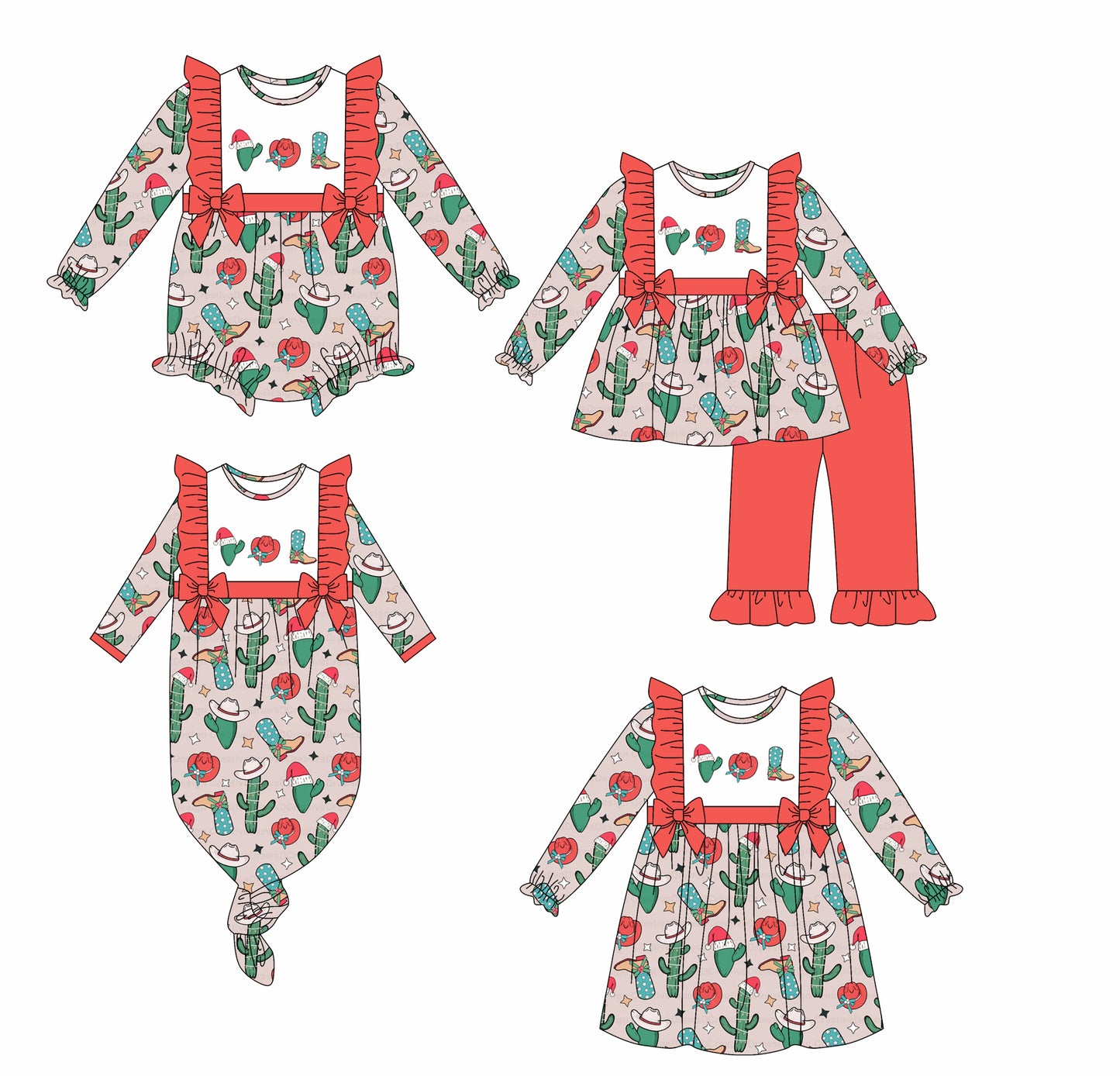 25.6.9 custom each style moq 5eta 4-6week Sibling Sisters Christmas catcus baby girl long sleeve pants sets and dress and rompers and nightgown match family design