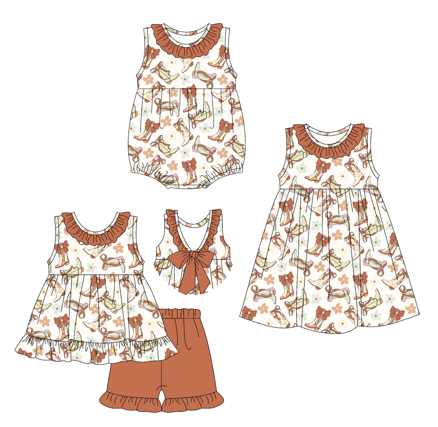 2.26 custom each style moq 5eta 4-6week Sibling Sisters boot bow baby girl short sleeve shorts sets and dress and rompers match family design