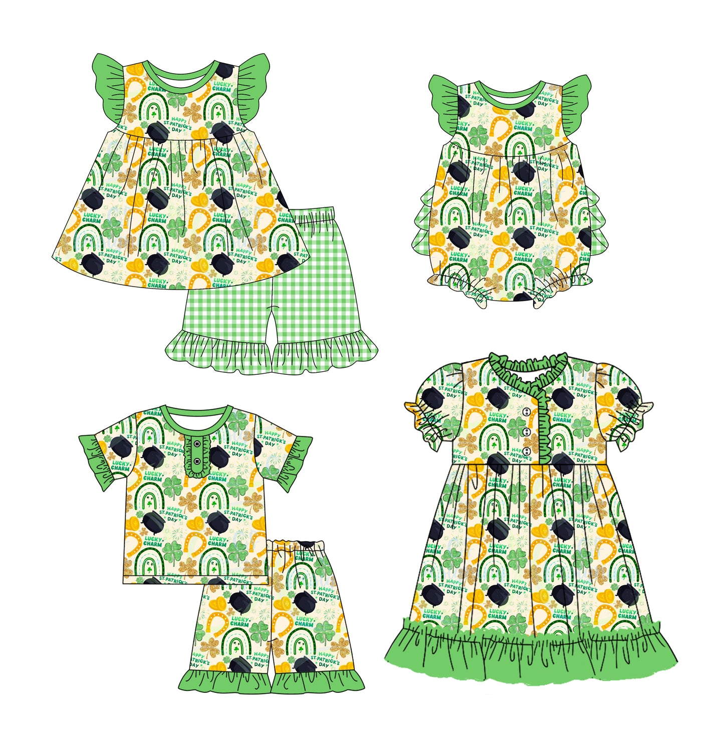 12.10 custom each style moq 5eta 4-6week Sibling Sister rainbow green baby girl short sleeve shorts sets and sets 2 and girls romper and boy romper and dress match design