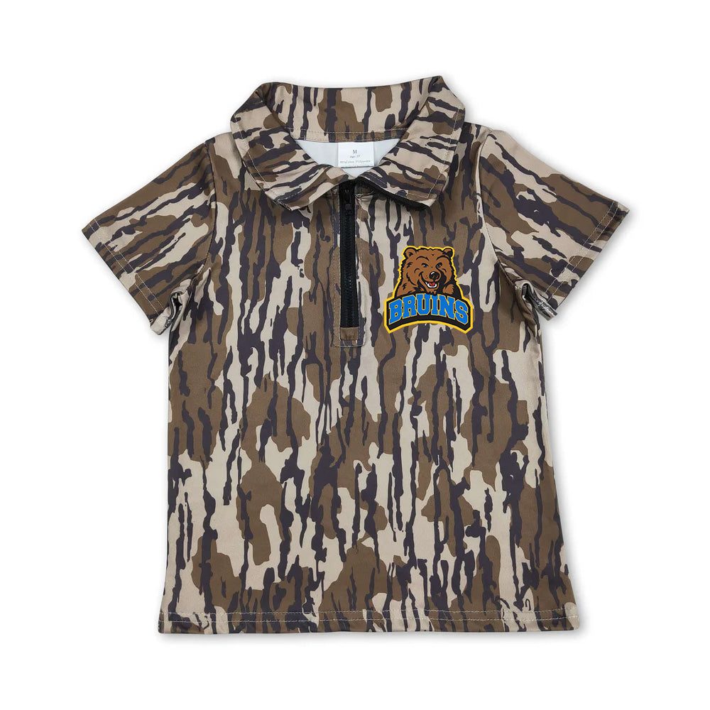Custom moq 5 mix size milk silk summer teams Baby Boys Olive Camo Short Sleeve Zipper Pullovers Top