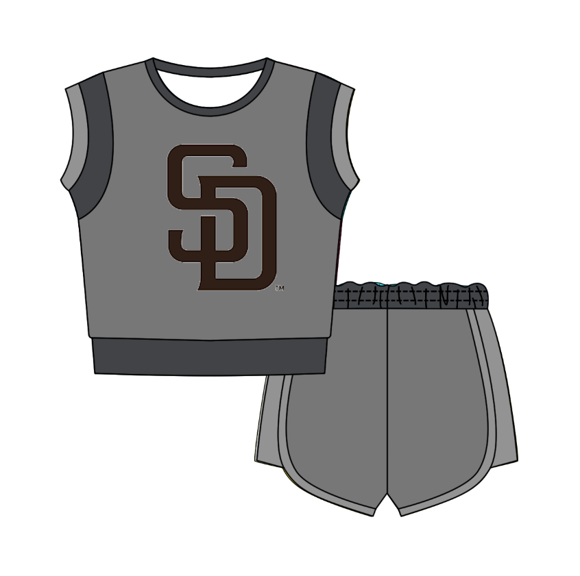 Custom moq 5 mix size milk silk summer teams Grey Sleeveless O-Neck Top And Shorts Set Cute And Comfortable Kids' Outfit