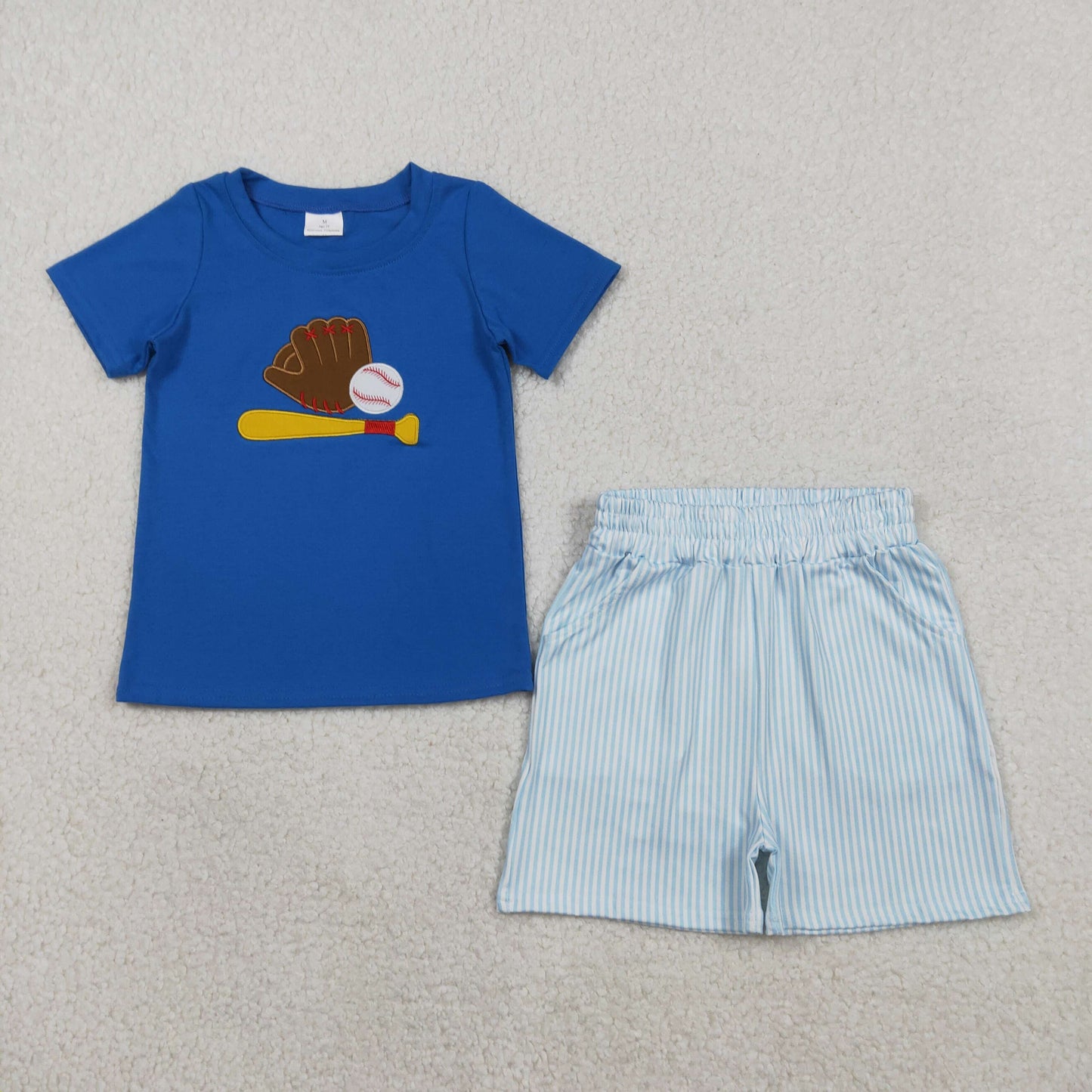 RTS NO MOQ(In Stock) BSSO1670 Embroidered Baseball Glove Blue Short-Sleeve Striped Shorts Set