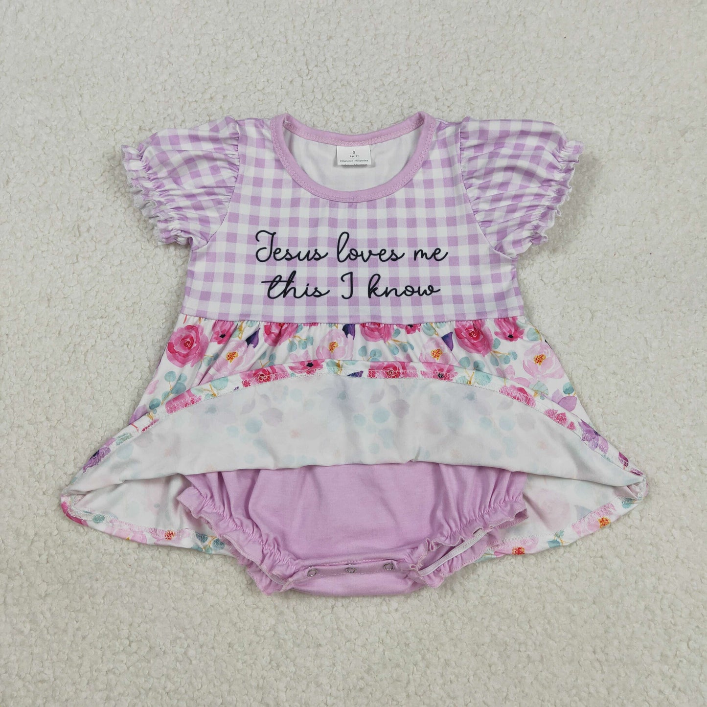 RTS NO MOQ(In Stock) Jesus loves me this i know floral purple checkered short-sleeved bodysuit