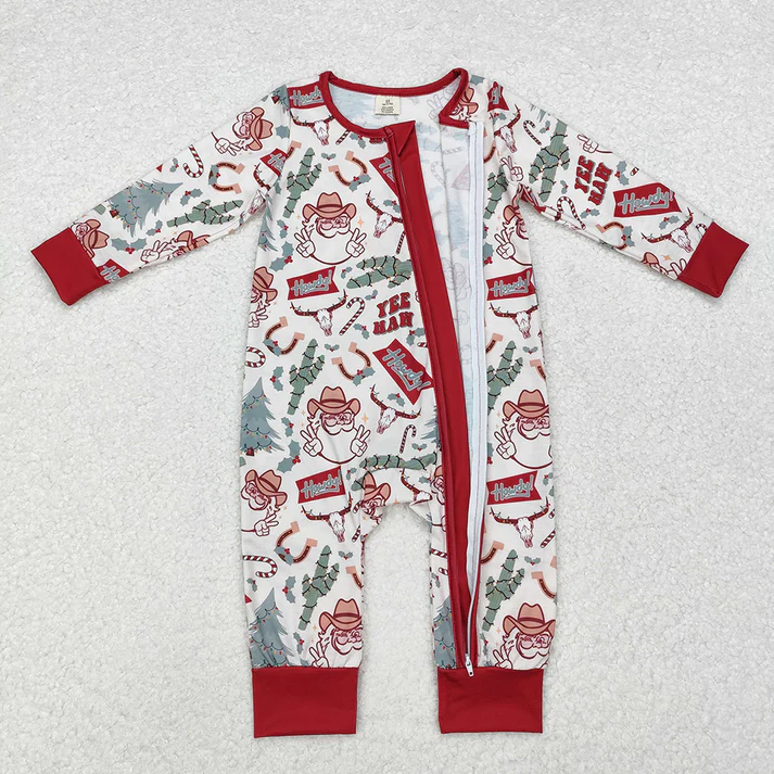 RTS NO MOQ Cowboy Hat Santa Red Long Zip-Up Romper & Long Sleeve Set: Boys & Girls