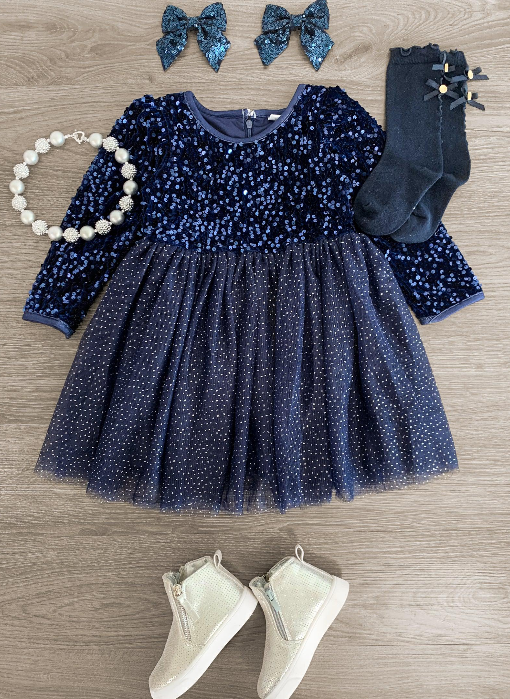 Deadline April 3th navy color sequin tull dress