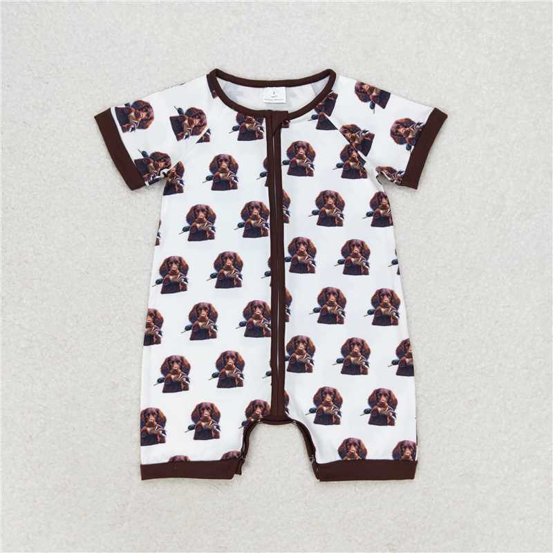 RTS NO MOQ(In Stock) Duck Puppy Brown Pocket White Short Sleeve Bodysuit