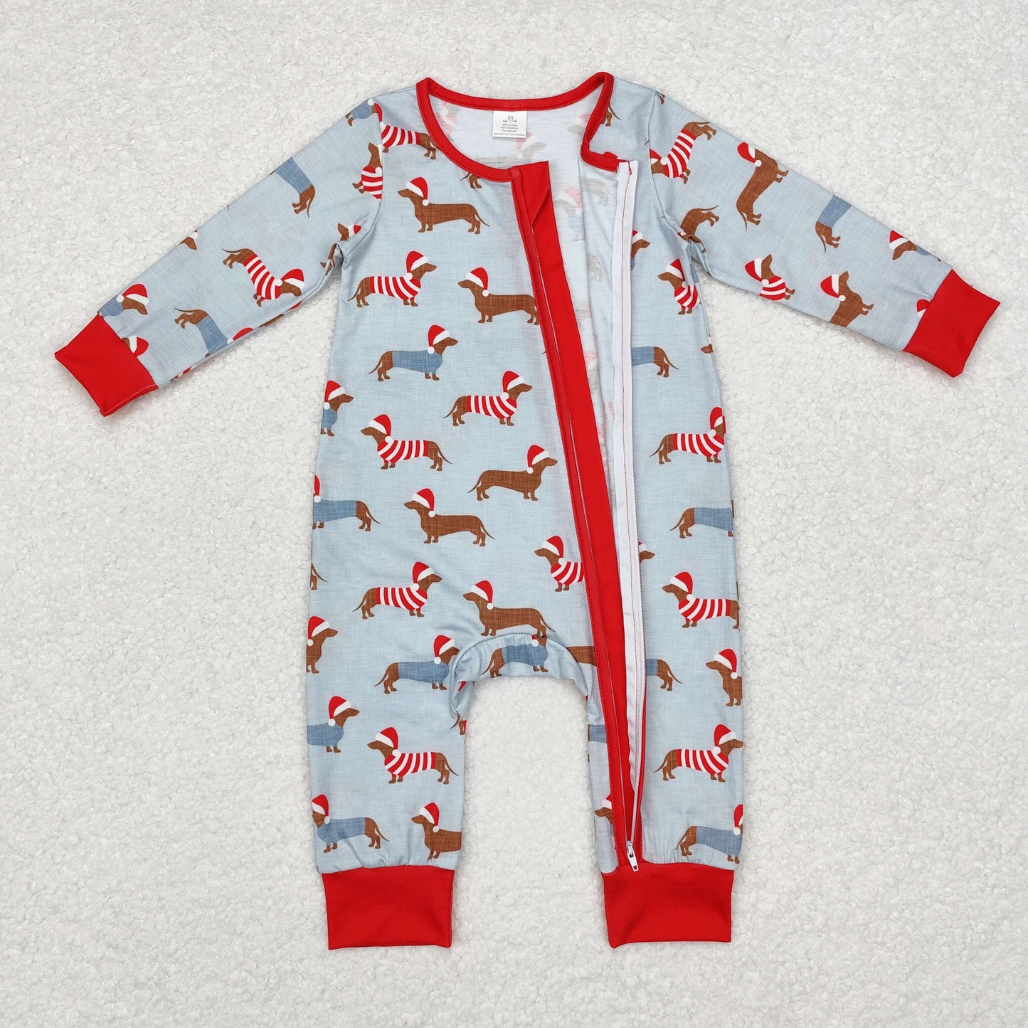 RTS NO MOQ(In Stock) LR1082 Modal Christmas hat puppy blue zipper long sleeve jumpsuit