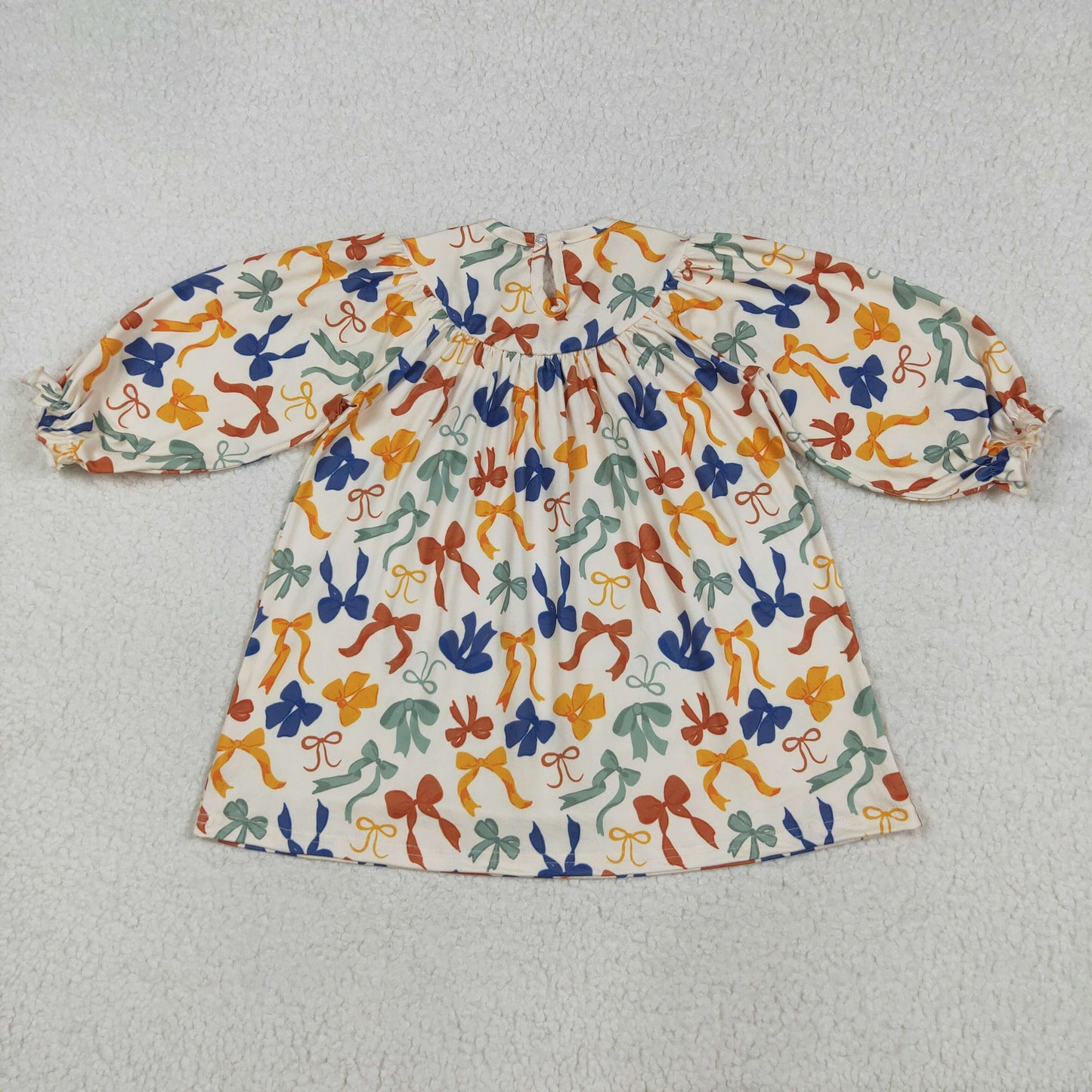 RTS NO MOQ(In Stock)GLD1086 smocked thankful embroidered bow pattern long sleeve dress