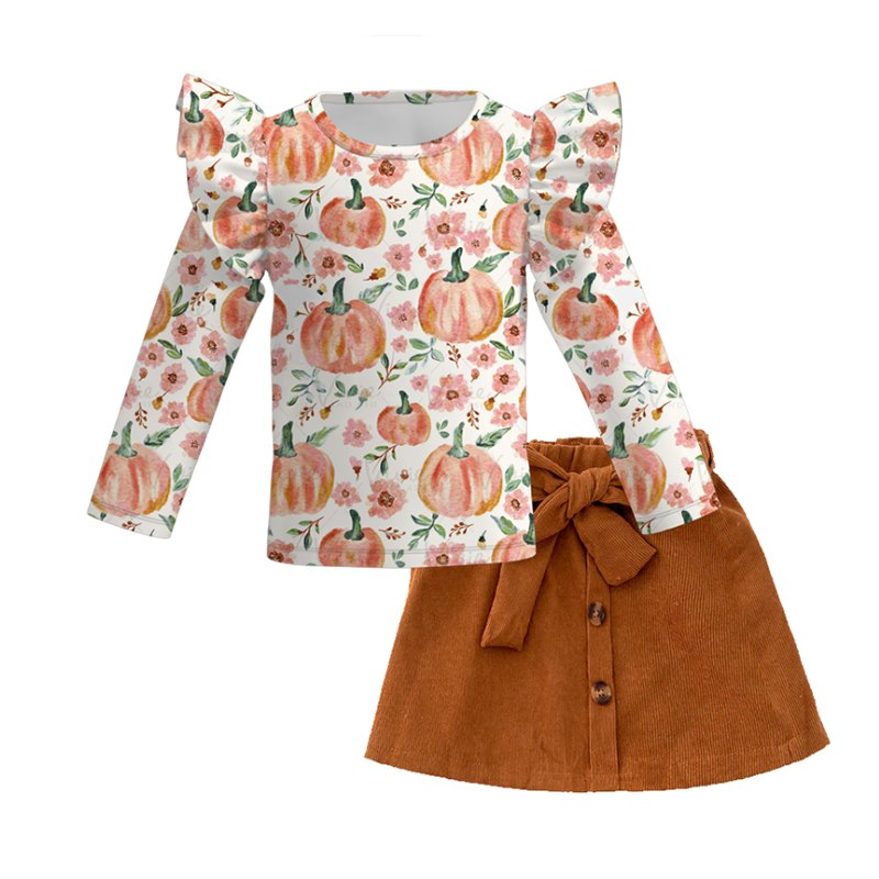 Custom moq 5 each style eta 6-7weeks baby girl clothes pumpkin long sleeve skirt sets-25.8.1