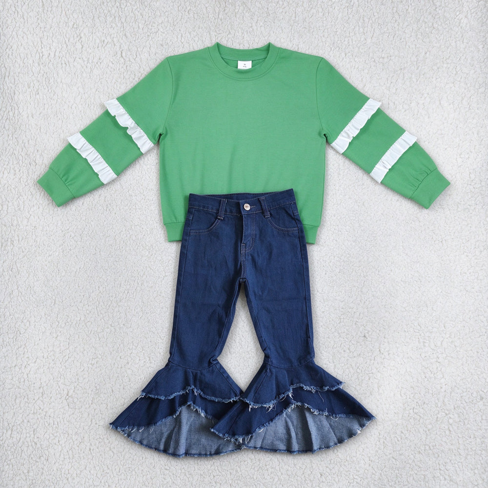 NEW RTS NO MOQ Denim GT1858+ P0007 Baby Girls Green White Ruffle Sleeve Top Double Ruffle Denim Flare Pant Set