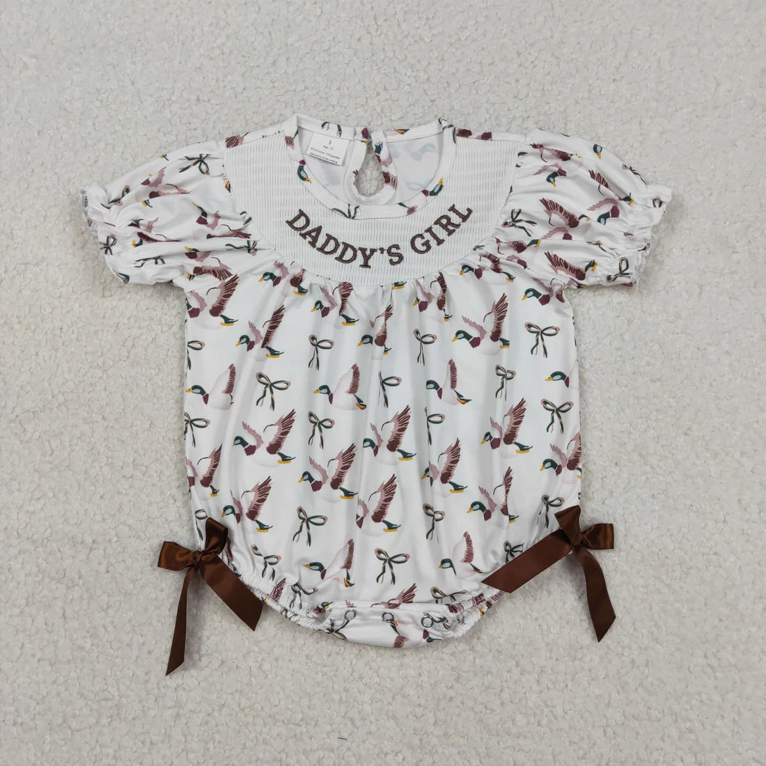 Best Sell RTS Baby Girls Smocked Ruffle Rompers with Bows And Ducks Design for Hunting Theme Outfit