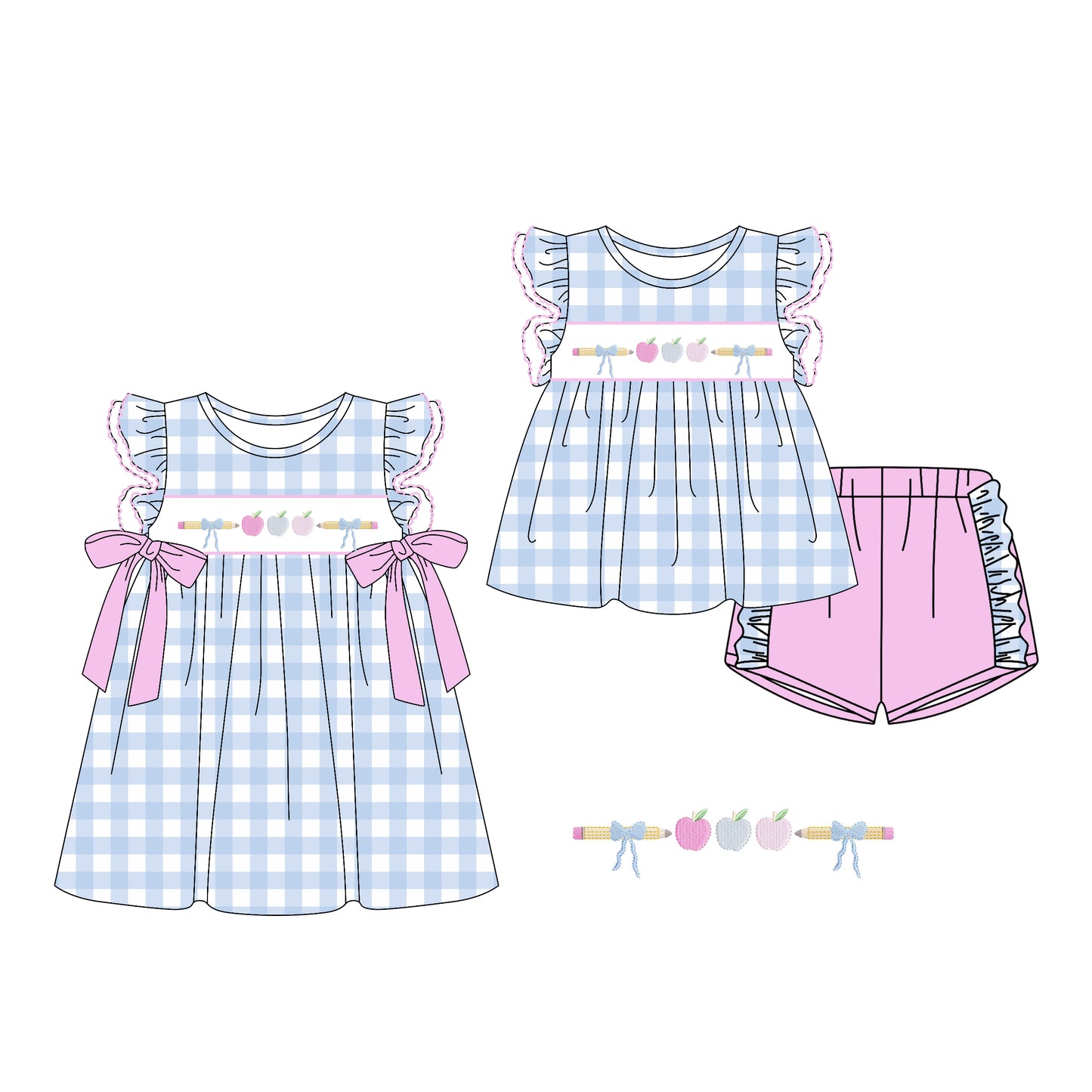 26.1.24 custom each style moq 5 eta 6-8week Sibling Sister pencil apple bow baby short sleeve shorts sets and dress match design