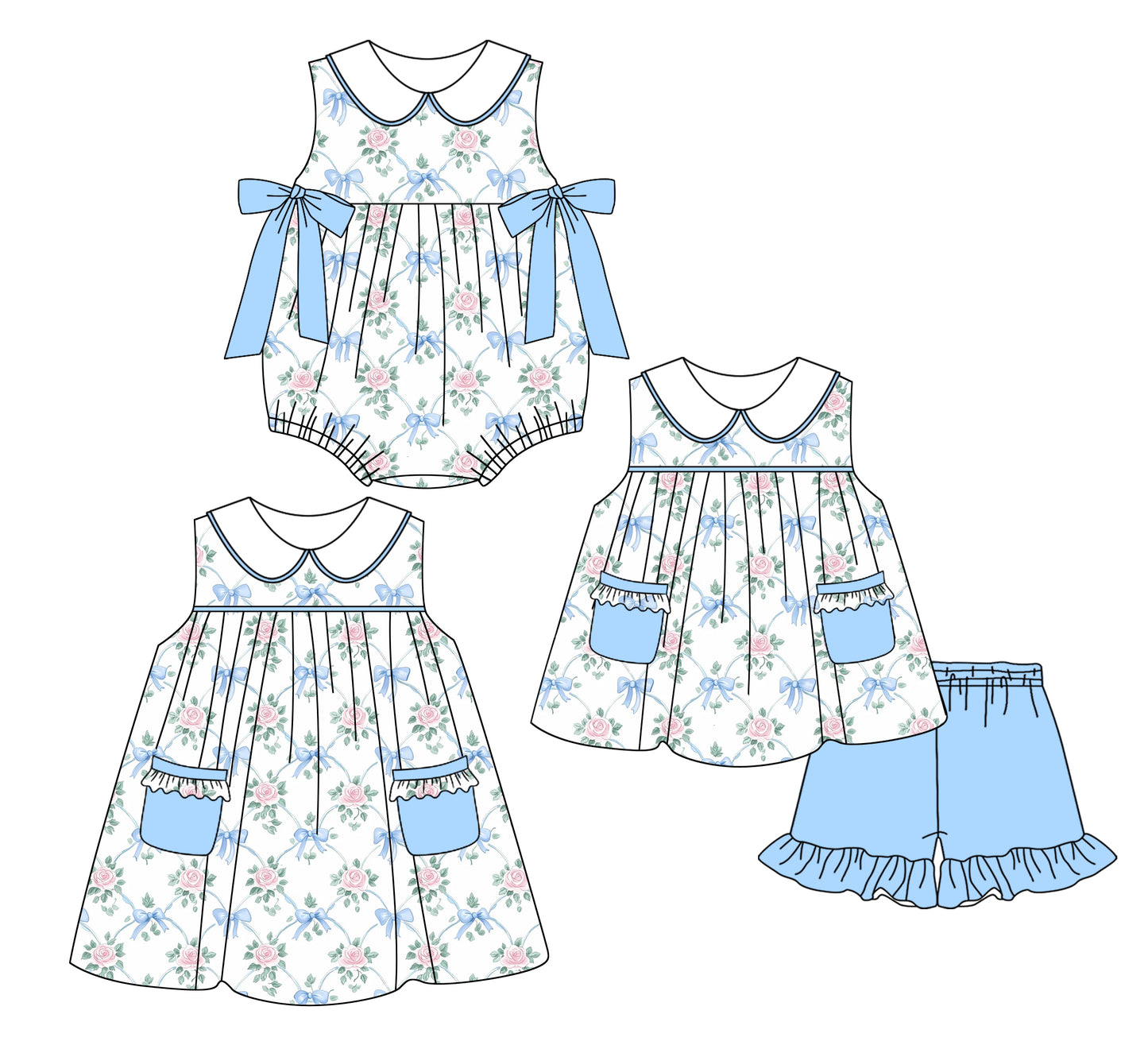 2.21 custom each style moq 5eta 4-6week Sibling Sister floral bow baby girl short sleeve shorts sets and dress and rompers match family design
