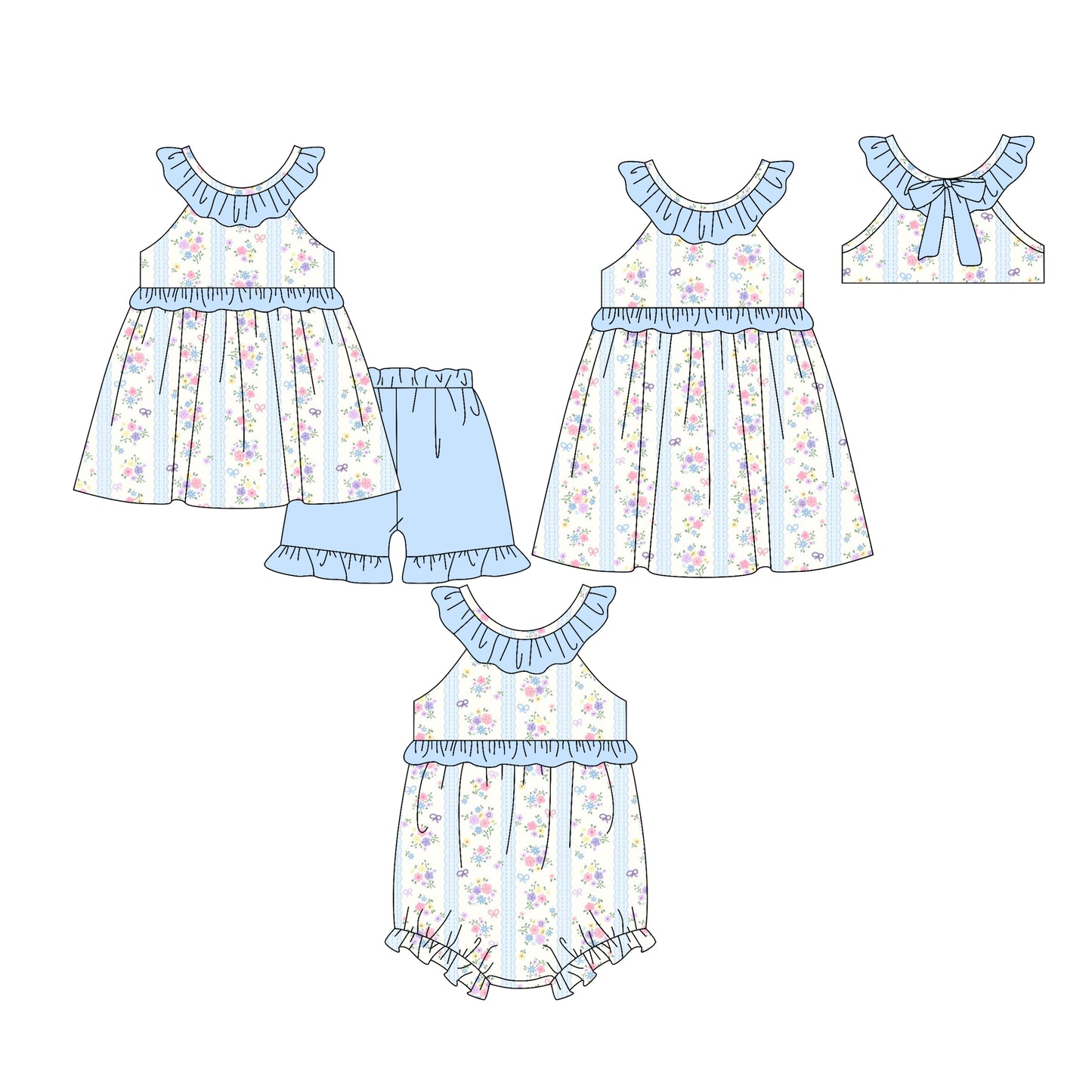 25.12.23 custom each style moq 5 eta 6-8week Sibling Sister floral baby short sleeve shorts sets and romper and dress match design
