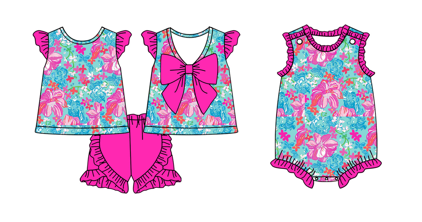 3.4 custom each style moq 5eta 4-6week Sibling Sister floral baby girl short sleeve shorts sets and romper match design