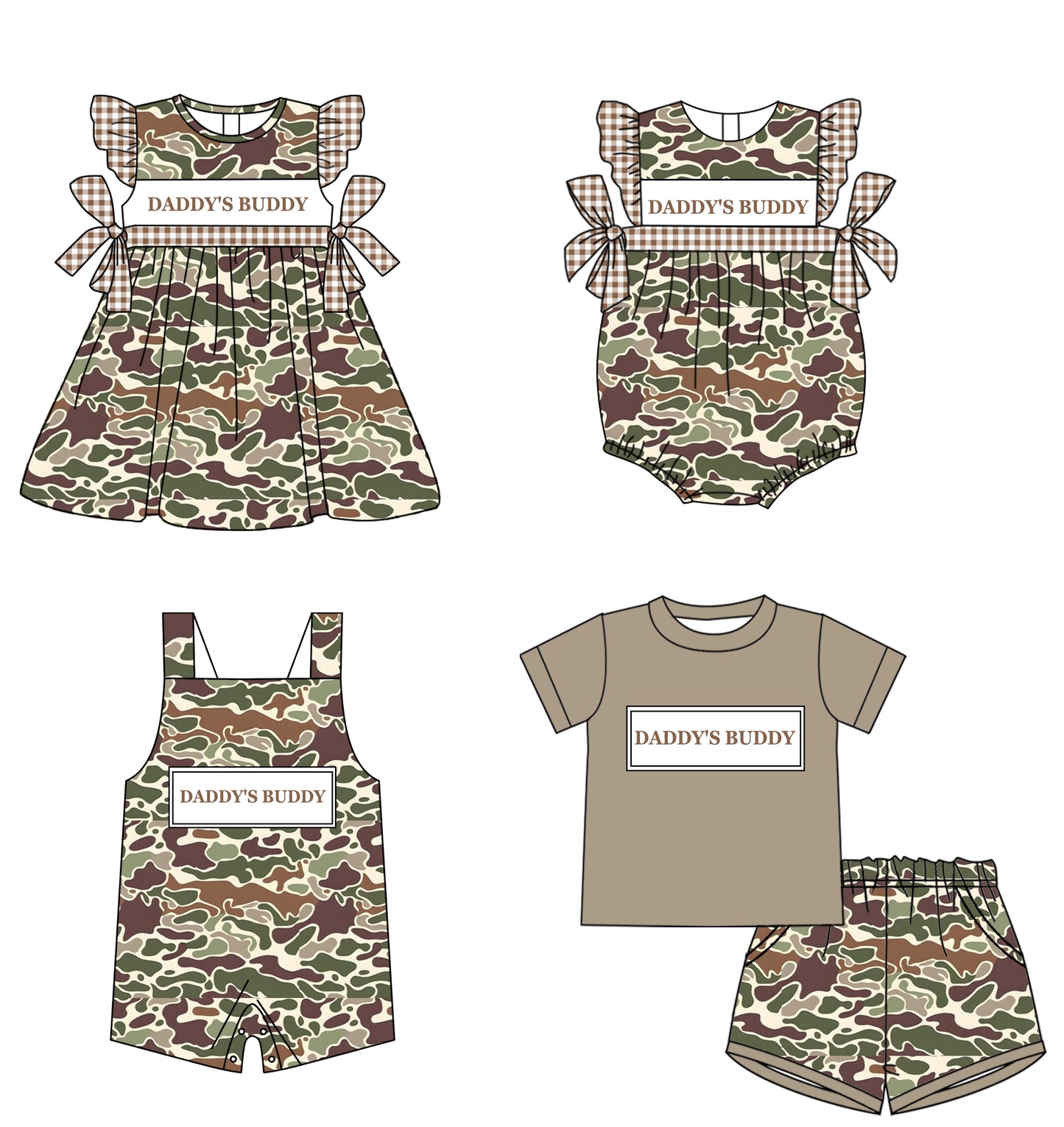 11.21 custom each style moq 5eta 4-6week Sibling Sister DADDY BUDDY camouflage baby boy short sleeve shorts sets and girls romper and boy romper and dress match design