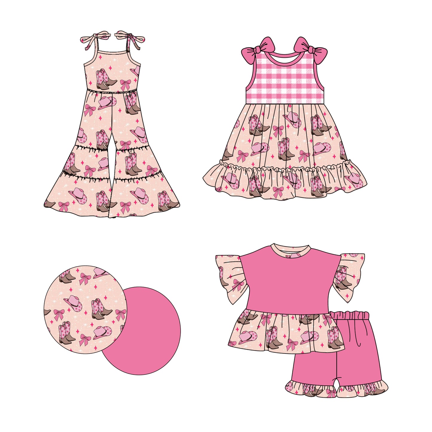 2.19 custom each style moq 5eta 4-6week Sibling Sister boots hat bow baby girl sets and dress and jumpsuit match family design