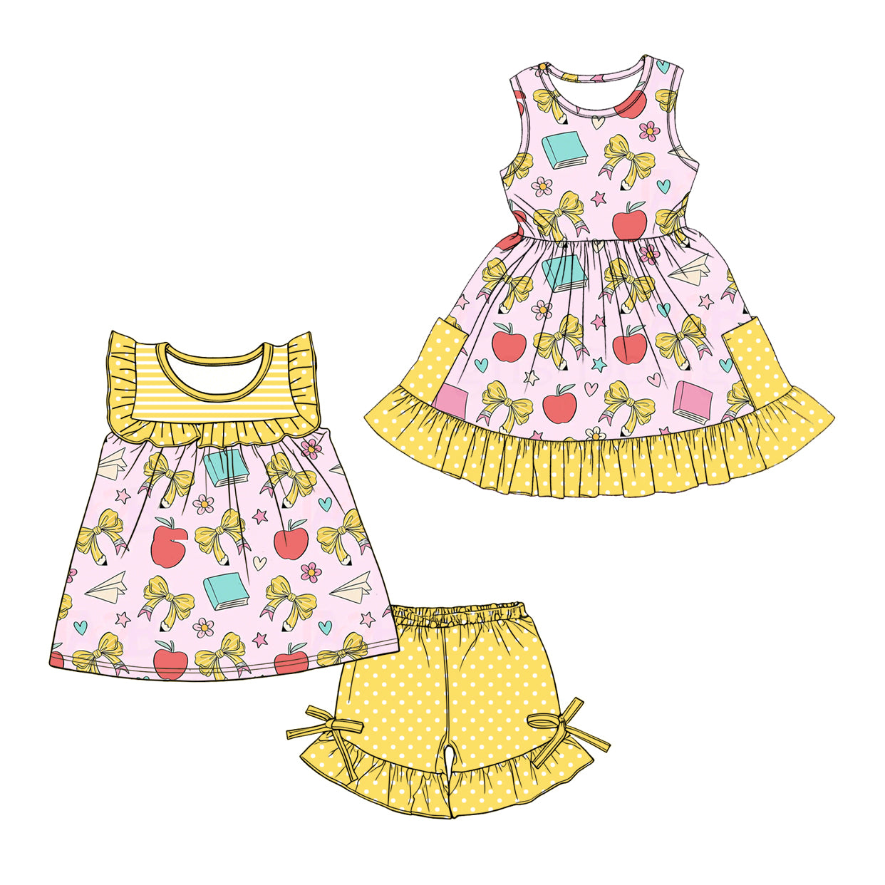 Custom moq 5 mix size Sibling Baby Girl's Back to School yellow Short-Sleeved Top And Shorts Set Cute Dress for Summer