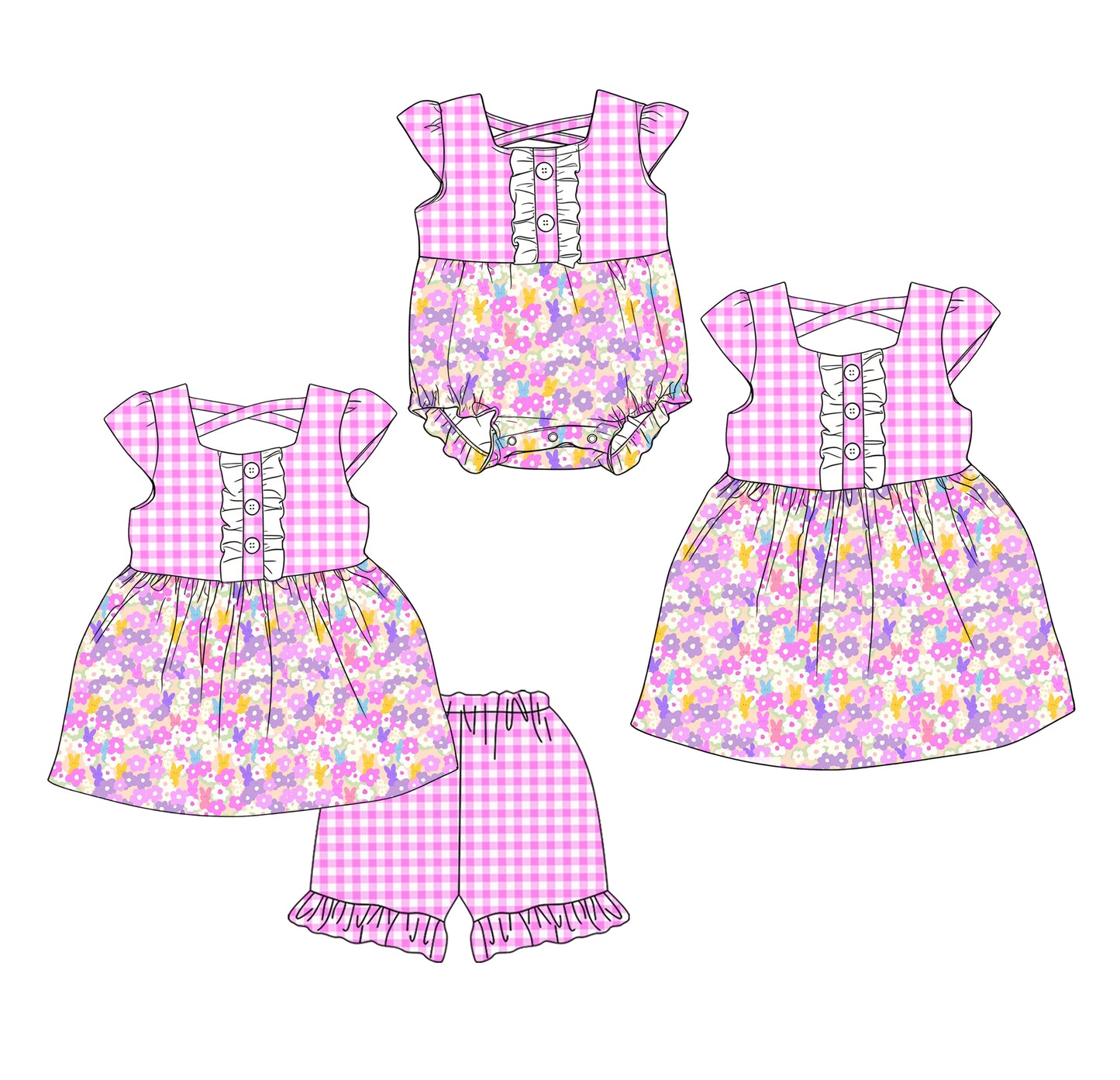 25.12.17 custom each style moq 5 eta 6-8week Sibling Sister easter bunny floral baby short sleeve shorts sets and romper and dress match design
