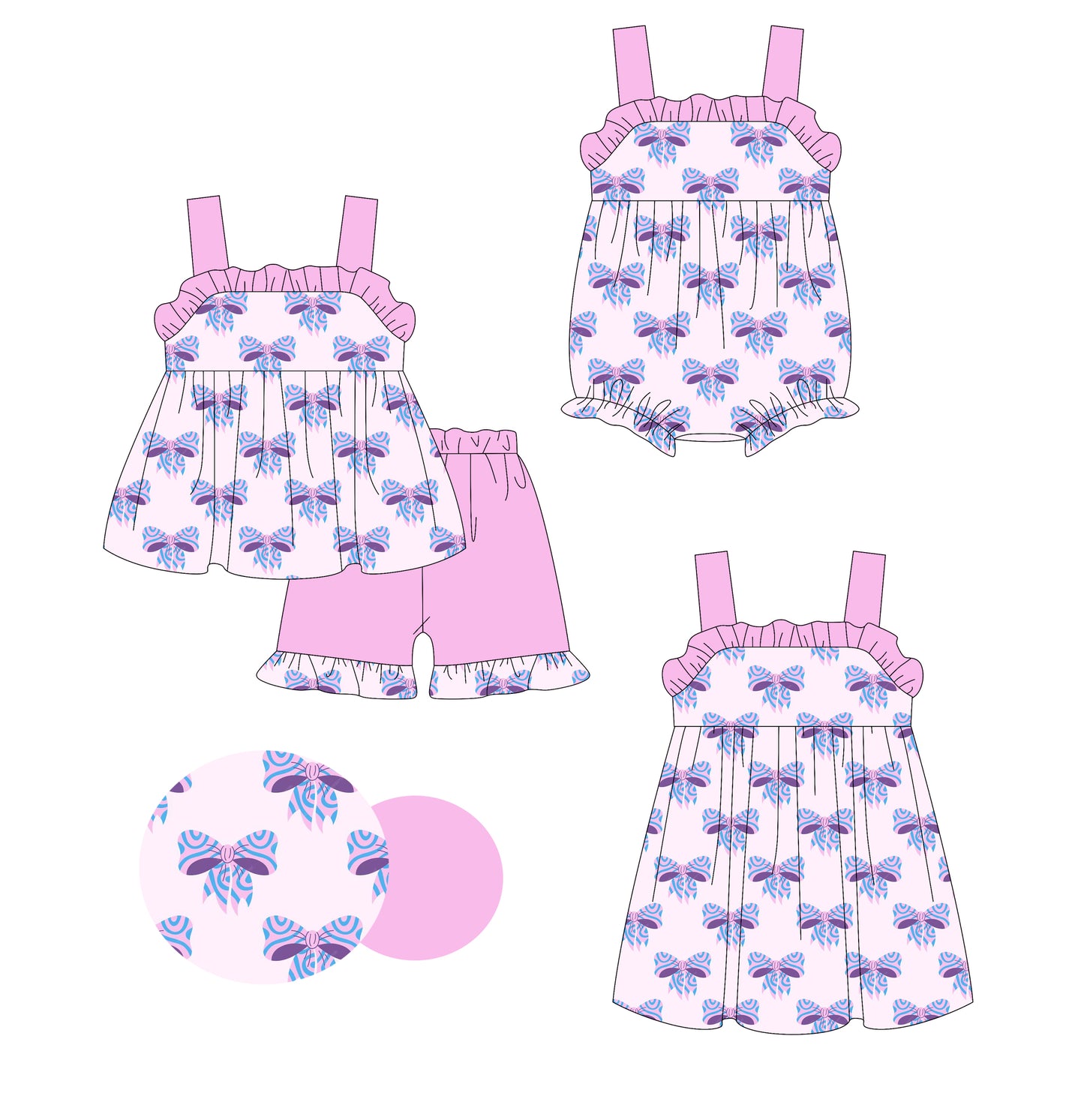 3.7 custom each style moq 5eta 4-6week Sibling Sisters bow baby girl short sleeve shorts sets and dress and rompers match family design