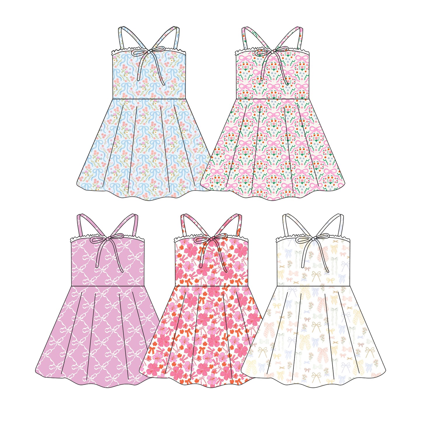 Custom moq 5 mix size Sibling Baby Girls Bow-Print Sleeveless Knee-Length Yoga Dress Outfit